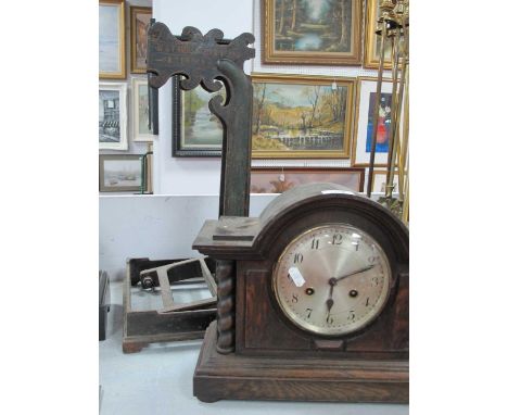 Oak Dome Cased Mantle Clock, with barley twist pillars, eight-day movement. Avery iron scale frame