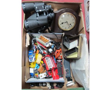 Novelty Lighter, razor, Smiths mantel clock, Mark Scheffel binoculars, stamps, etc:- One Box.