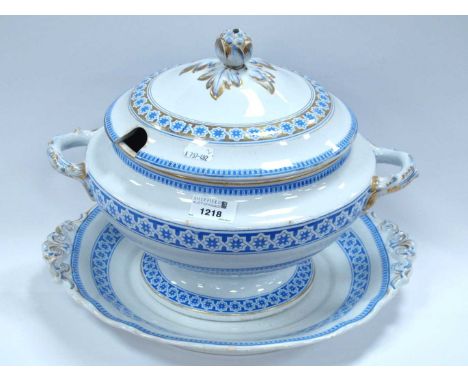 A large tureen on stand decorated in blue and white motif pattern and gilt, 'Kent' marked to base of stand (finial repair). (