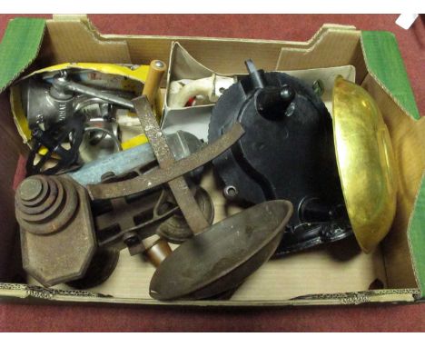 Salter family scale No. 45 and another with weights, Spong miner and bean slicer and a vintage Pyrene fire extinguisher. 1 Bo