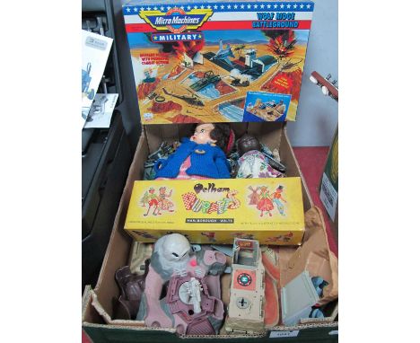 Micro Machines Military 'Wolf Ridge Battlegound', a quantity of loose accessories and vehicles, B.N.D. London doll, Rosebud d