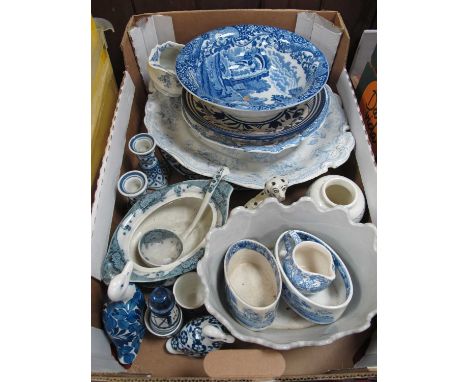Blue &amp; White Pottery, including Copeland Italian Spode bowl, 'Bombay' jug, Asiatic pheasant meat plate:- One Box.Copeland