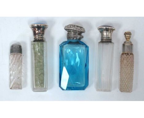 A Late XIX Century Scent Bottle, the faceted blue glass body with white metal cover, 8cm high, a pair of faceted cylindrical 