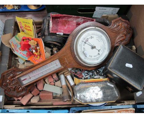 Oak Barometer, lotts bricks, lead soldiers, Dinky plane, vintage car, etc:- One Box.
