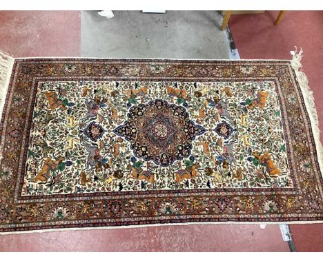 XX Century Silk Middle Eastern Rug, with central motif surrounded by hunting scenes and animals, order with foliage decoratio
