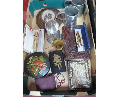 Pewter Tankards, Parker pen reptile skin hand bag, horn cup, barometer, binoculars, etc:- One Box.