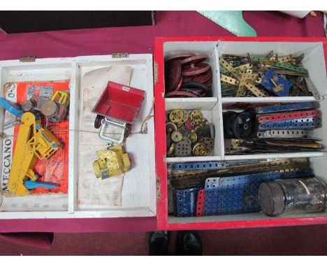 Vintage Meccano Parts:- One Box, together with a Dinky Aveling Barford diesel roller, Dinky elevator loader, Triang trailer.