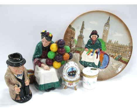 Royal Doulton 'The Old Balloon Seller' Figurine, 'Silks and Ribbons' plate. Winston Churchill toby jug, Aynsley and egg trink