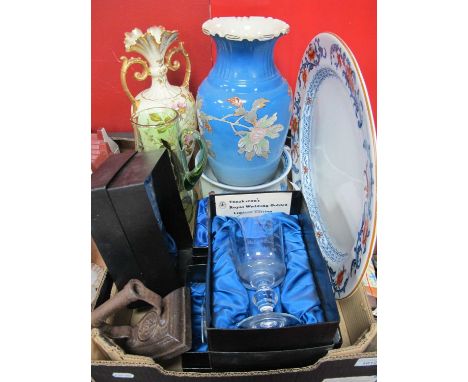 Theakstons Limited Edition Goblets, Royal Worcester meat plate, Japanese vase, flat iron, etc:- One Box.