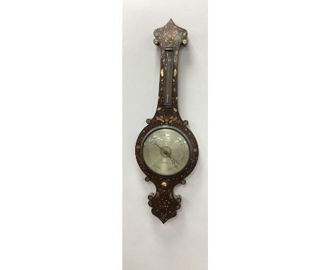 A Late XIX Century Banjo Barometer, the rosewood case inset with mother of pearl and metal wire with urns, birds and flowers 