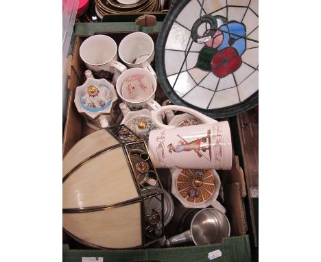 Sadler Novelty Teapots, British Army China tankards, pewter, two light fittings:- One Box