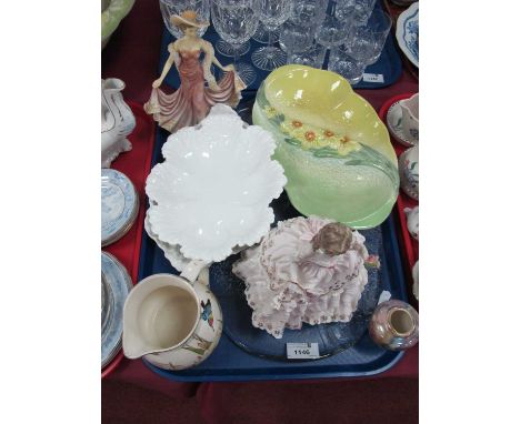 Worcester 'The Fairest Rose' Figurine, (flower reglued). Beswick sectional dish, Coalport, Old Court, etc:- One Tray.