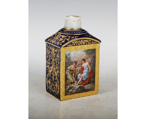 A Vienna porcelain cobalt blue ground tea caddy, decorated with hand painted rectangular panels depicting Diana and Cupid wit