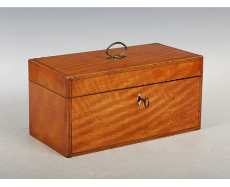 A 19th century satinwood and boxwood lined tea caddy, the hinged cover opening to a fitted interior of cut glass mixing bowl 