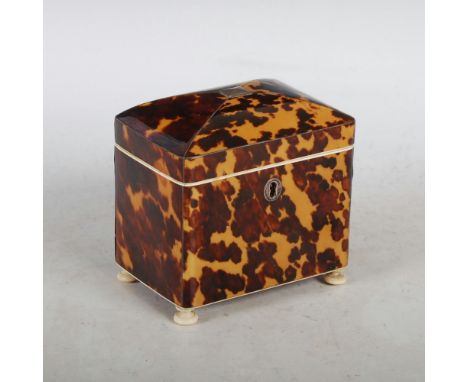 A 19th century tortoiseshell tea caddy, the hinged domed cover centred with a rectangular white metal tablet, opening to an i