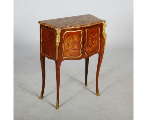 A late 19th century French kingwood, marquetry inlaid and ormolu mounted serpentine commode, the breche d'alep marble top wit