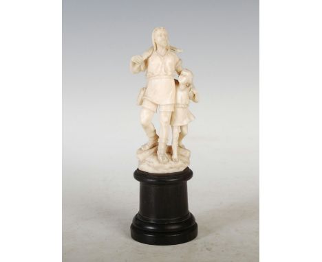 A late 19th century ivory figure of huntsman and boy, possibly Dieppe, the huntsman holding a cross bow over his right should