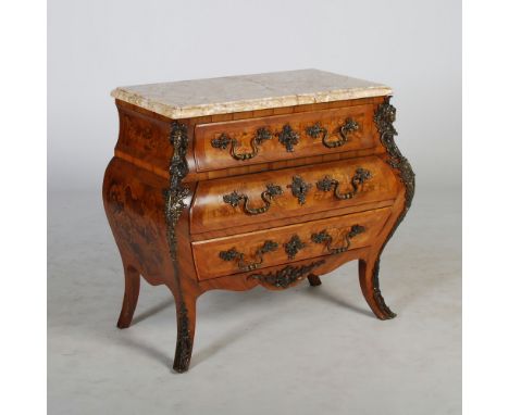 A late 19th century French kingwood, walnut, marquetry inlaid and gilt metal mounted commode, the mottled yellow marble top w