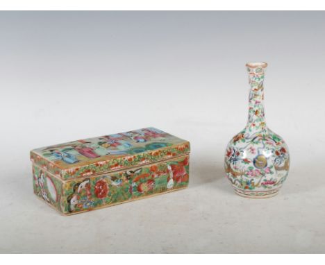 A Chinese porcelain Canton famille rose rectangular-shaped box and cover and a Canton famille rose bottle vase, Qing Dynasty,