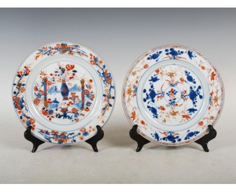 Two Chinese porcelain Imari plates, Qing Dynasty, one decorated with a scroll and vase issuing peony, 22.5cm diameter, the ot