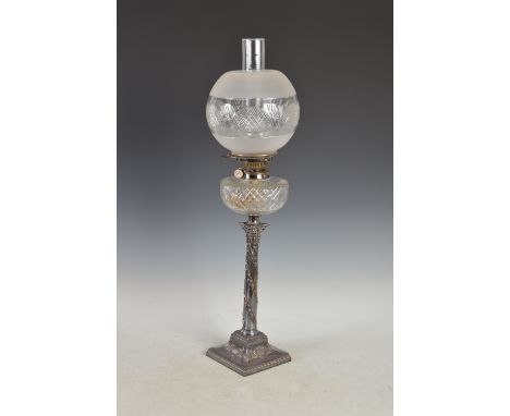 A Victorian electroplated Corinthian column oil lamp, with cut glass reservoir, frosted and cut glass shade and clear glass f