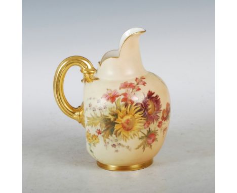 A Royal Worcester flat back jug dated 1899, decorated with foliate sprays on an ivory coloured ground, puce printed marks, nu