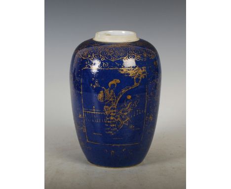 A Chinese porcelain powder blue ground jar, Qing Dynasty, decorated with two gilded panels of figures on a gilded lotus scrol