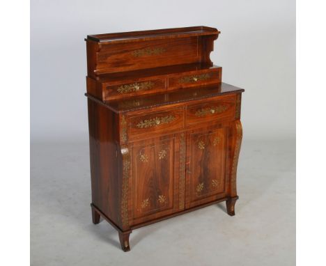 A 19th century Regency style rosewood and brass inlaid secretaire chiffonier, the upright back with open shelf above two draw