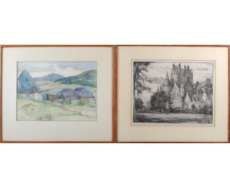 AR Stewart Carmichael (1867-1950) Hill from the farm watercolour, signed with initials and dated '45 and a print of Glamis Ca
