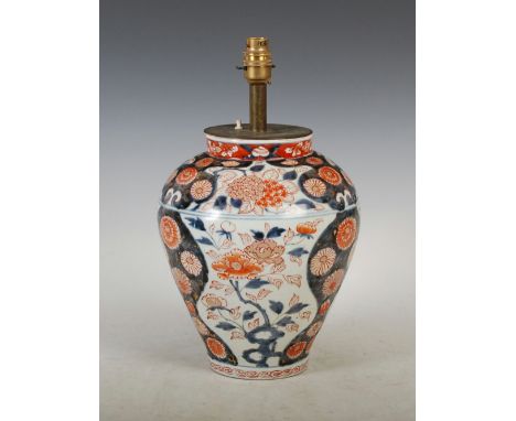 A Japanese Imari vase, Edo Period, decorated with peony and chrysanthemum, converted to a table lamp, overall 37cm high