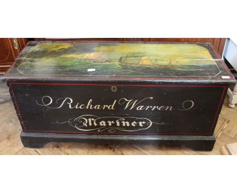 A highly decorated pine box on bracket feet (lid as found)