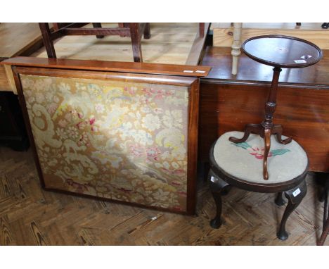 A tapestry in a rosewood frame, an embroidered kidney stool and a reproduction wine table