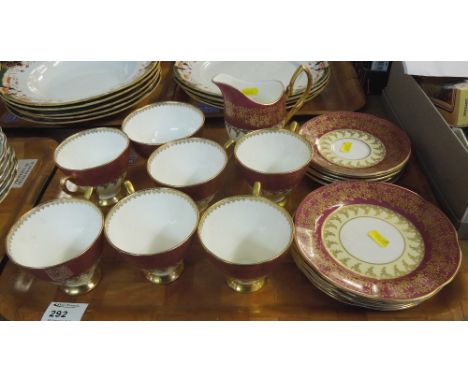 Tray of 'Elizabethan' fine bone china by Taylor and Kent, England, teaware comprising: teacups and saucers; milk jug; sucrier