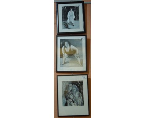 Gerry John, (20th Century, Welsh), portrait studies, three, signed, gouache.  Framed and glazed. (3)