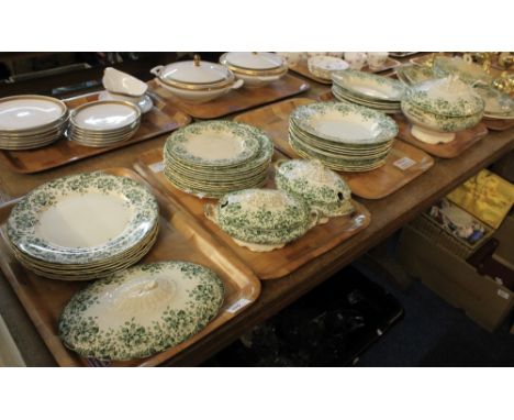 Five trays of 19th Century Staffordshire dinnerware items on a white ground with gilt floral and foliate decoration comprisin