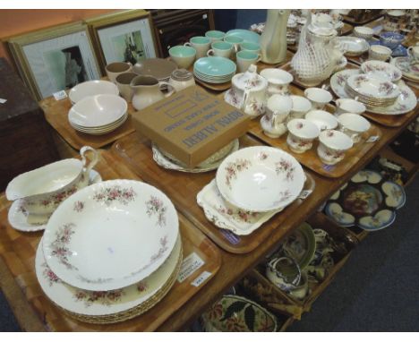 Four trays of Royal Albert bone china 'Lavender Rose' teaware items to include: teapots; cups and saucers; sucriers; bowls; p