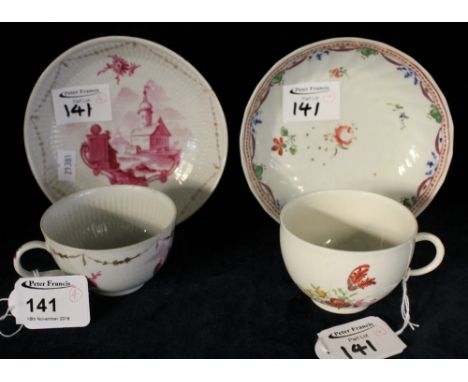 Late 18th/19th Century porcelain cabinet cups and saucers to include: part New Hall and Continental puce decorated cup and sa