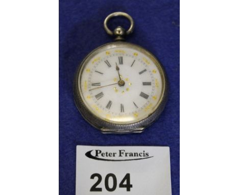 Silver engraved fob watch with enamel dial and Roman numeral chapter ring, stamped: 935.