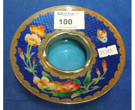Cloisonne enamel inkwell with floral and butterfly decoration.
