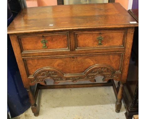 Oak and walnut two drawer side table or low boy. CONDITION REPORT: Top has 'shadow' from item stood on it. Scuffed and worn w