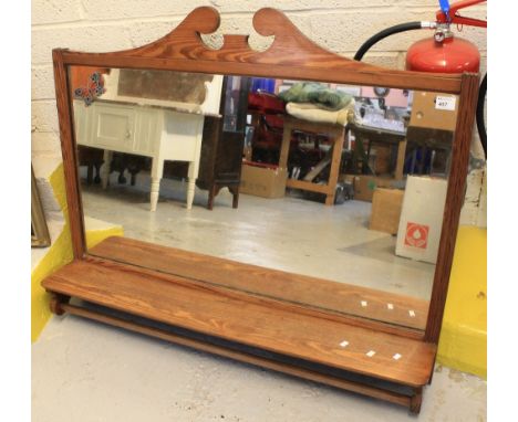 Early 20th Century pitch pine rectangular mirror with shelf and under rail.