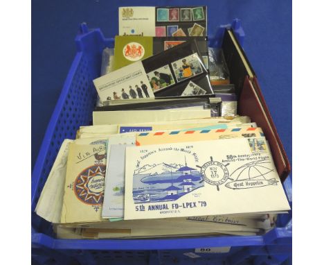 Tray of stamps in packets, covers, First Day Covers and GB presentation packs.