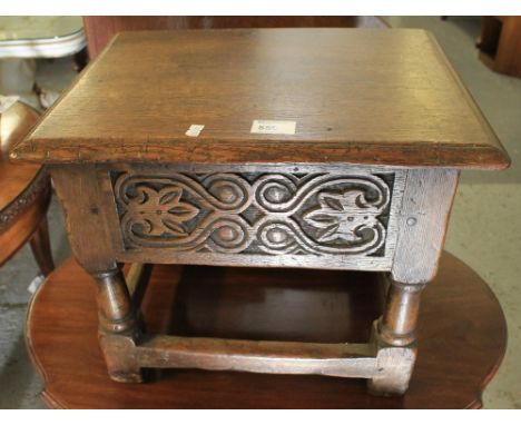 Reproduction oak rectangular stool with hinged lid. CONDITION REPORT: Old reproduction. A little dry/grubby.
