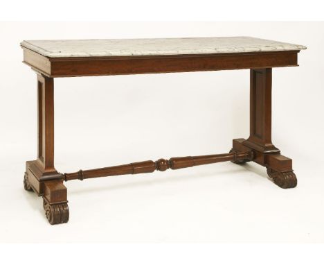 A Victorian mahogany console table, with a rectangular white marble top, raised on panel end supports, united with a turned s