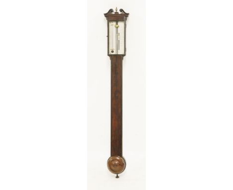 A George lll mahogany stick barometer,by J Bleuler, London, with silvered register plates and swan neck cornice, 99cm high