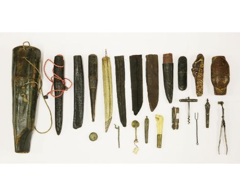 Cutlery-related items,an interesting collection of eleven early leather and shagreen slipcases or sheaths and ten further ite