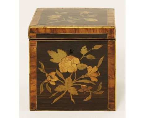 A rosewood mahogany and boxwood inlaid tea caddy, each panel inlaid with a floral spray, 9.5cm wide 9.5cm deep 10cm high