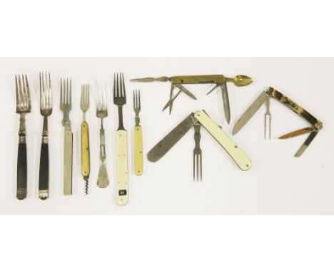 Two Georgian folding knife and fork sets, one stamped 'Read',a folding fork,a brass-handled six-tool penknife,together with s