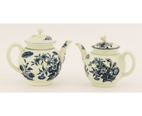 Two Worcester blue and white teapots and covers,c.1775, printed in 'The Three Flowers' pattern, hatched crescent mark,14 and 