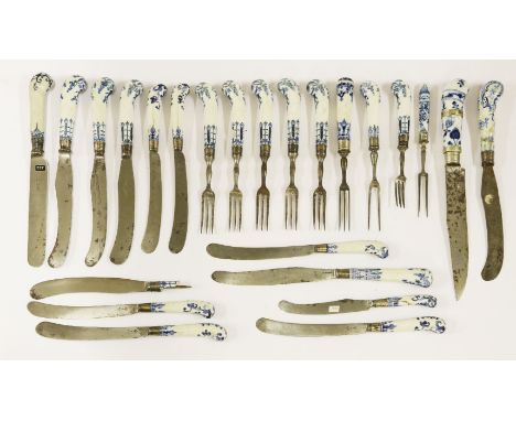 A collection of cutlery with blue and white porcelain handles,18th and 19th century, possibly including Berlin, Meissen, Bow,